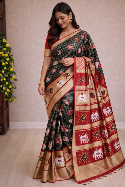 Black & Red Ethnic Printed Saree