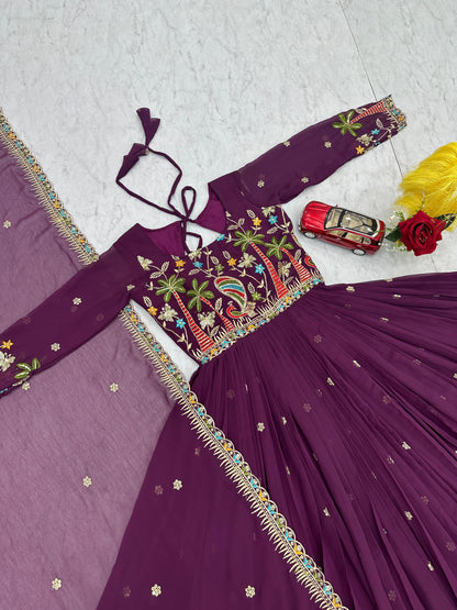 Embroidered Georgette Festive Gown with Dupatta