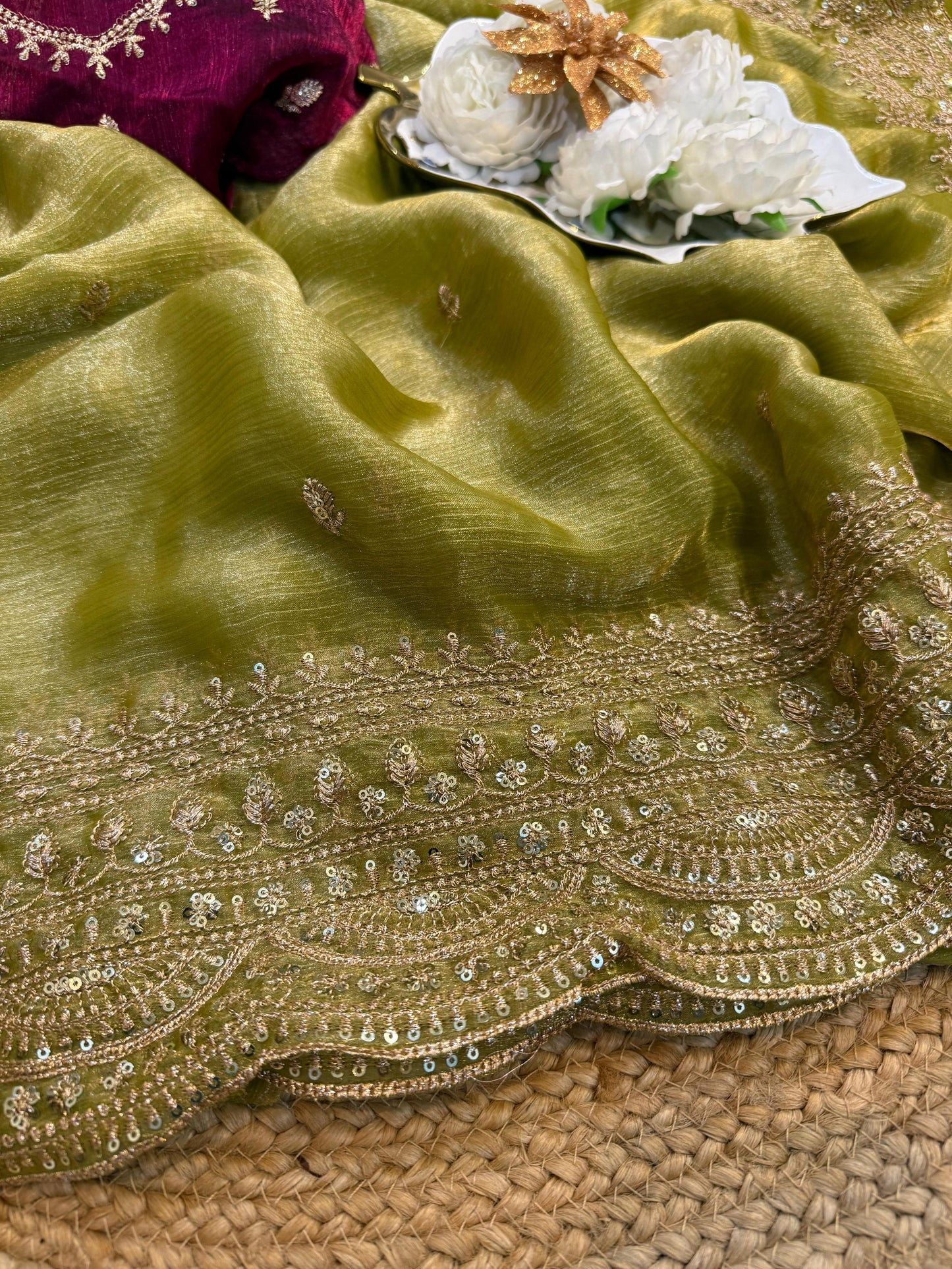 Elegant Space Chiffon Embroidery Saree with Scallop Border
