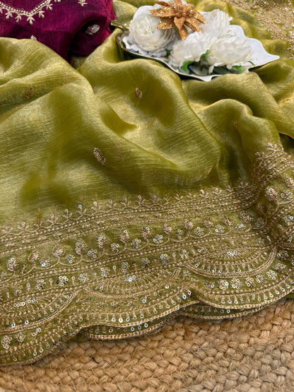 Elegant Space Chiffon Embroidery Saree with Scallop Border
