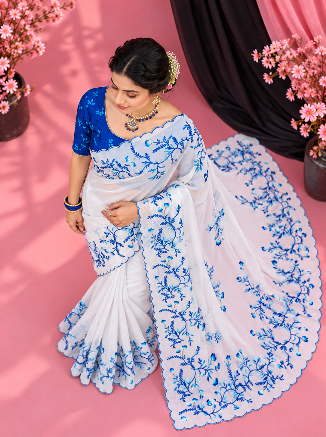 Radhika Teby Silk Saree with Digital Floral Print, Khatli & Cutdana Work