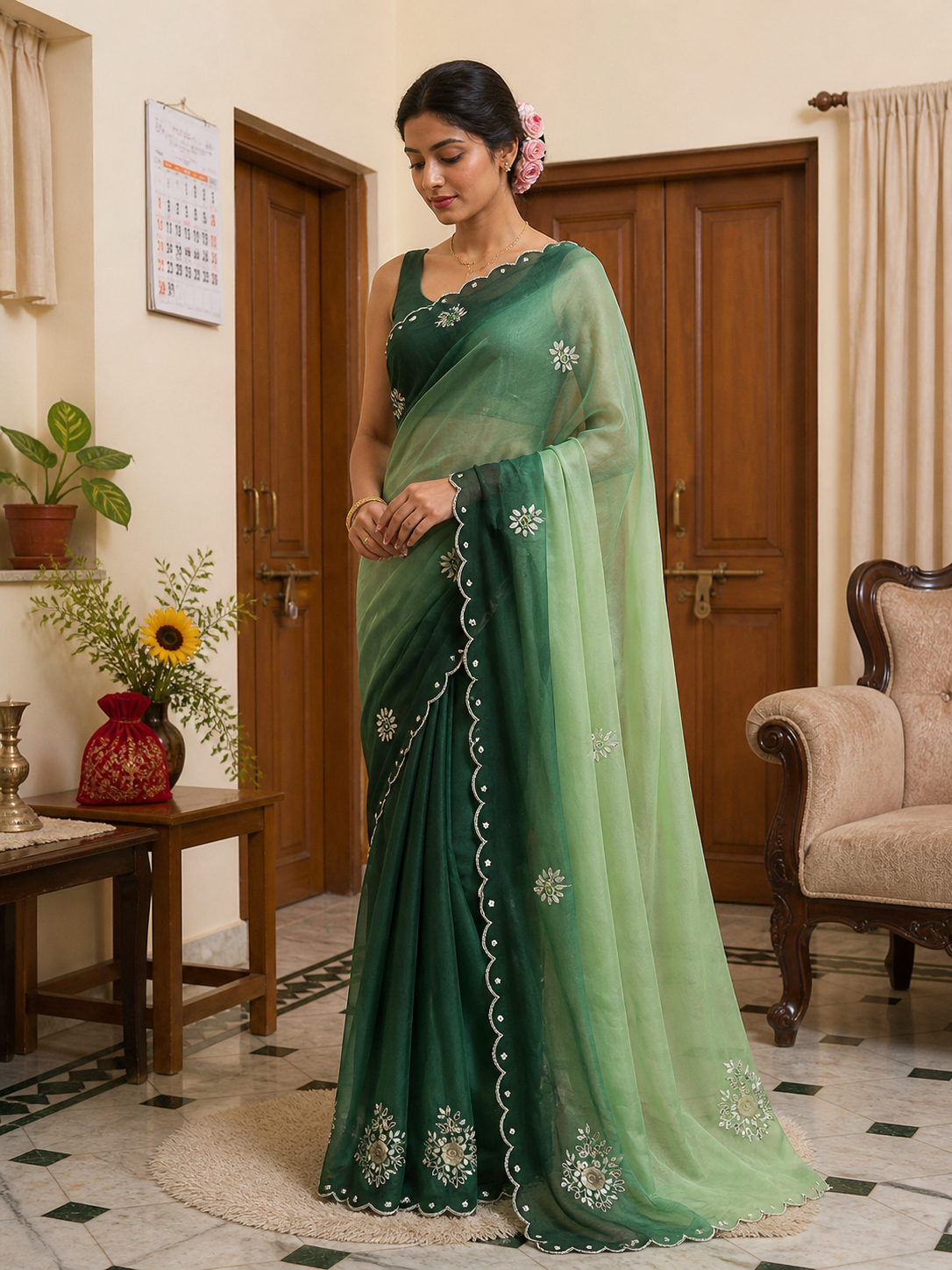 Vrinda Designer Organza Saree With Handwork Butties & Cutdana Border