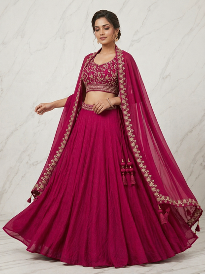 Wedding Special Vichitra Silk Lehenga Choli with Heavy Embroidery & Shrug Style Dupatta