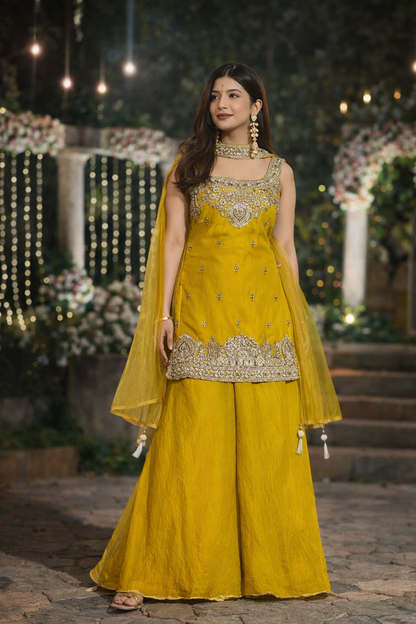 Heavy Two Tone Fendy Silk Sharara Suit With Embroidery Sequins Work & Dupatta