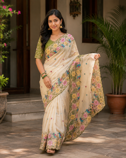 Rangoli Silk Saree with Heavy Floral Work Border & Contrast Designer Blouse