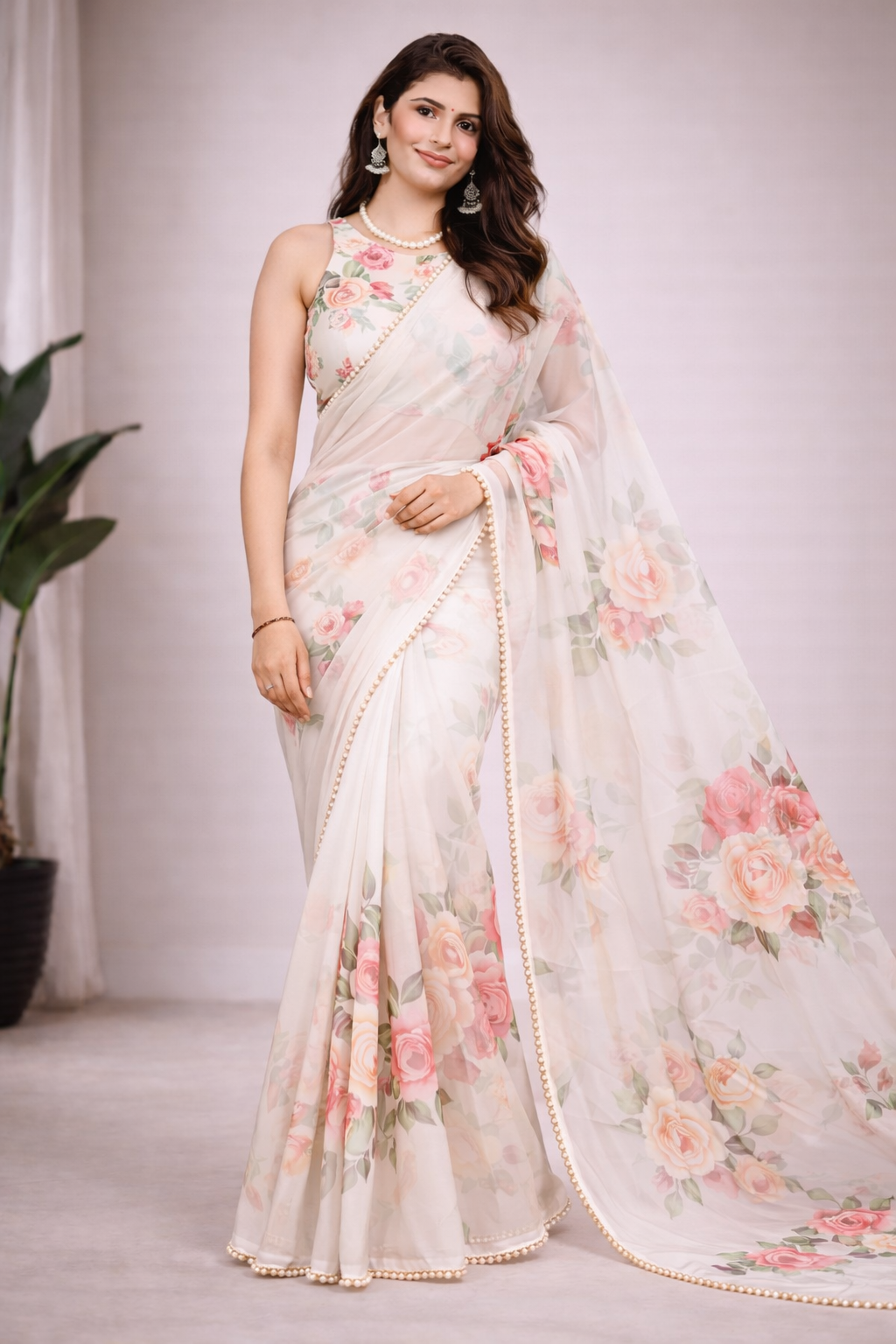 Floral Digital Print Georgette Saree With Pearl Lace Border