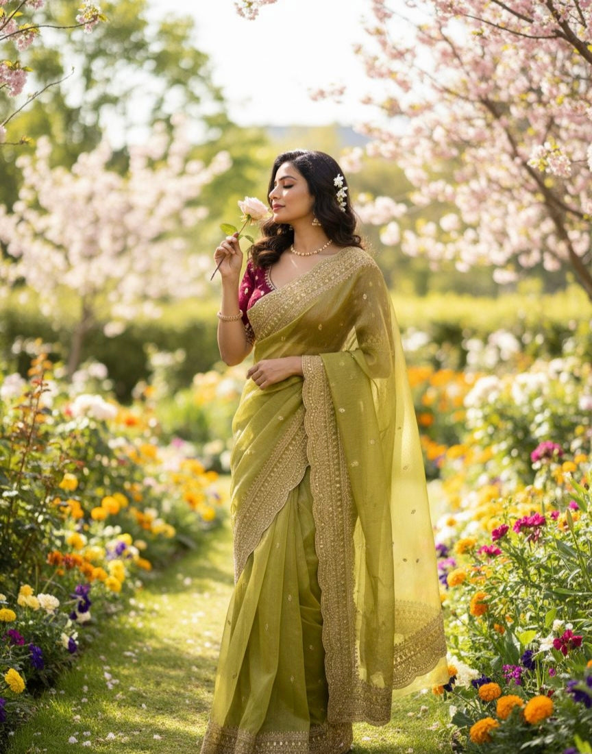 Elegant Space Chiffon Embroidery Saree with Scallop Border