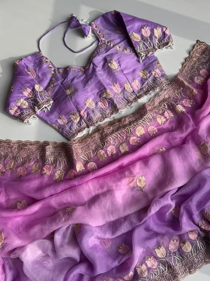 Lotus Soft Fendy Satin Saree With Embroidery Sequence & Thread Work Border