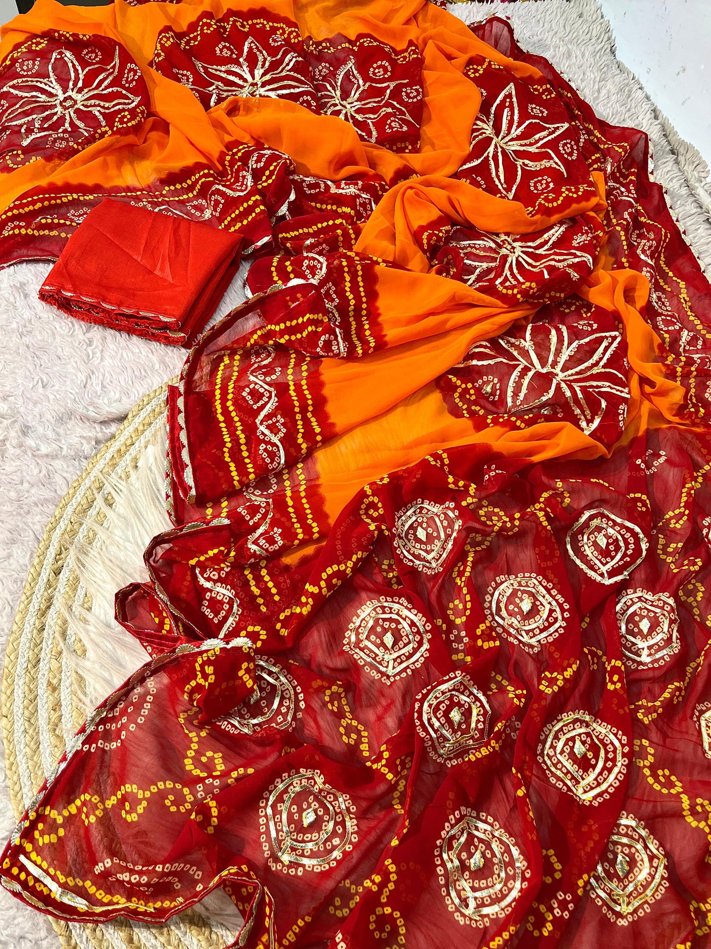 Traditional Georgette Bandhej Piliya Saree with Red Pallu & Kacchi Gota Patti Work