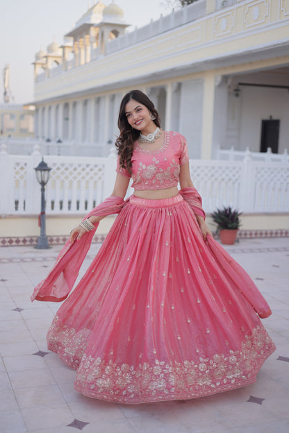 Women Pink Fendi Silk Embroidered Wedding & Party Wear Lehenga Choli
