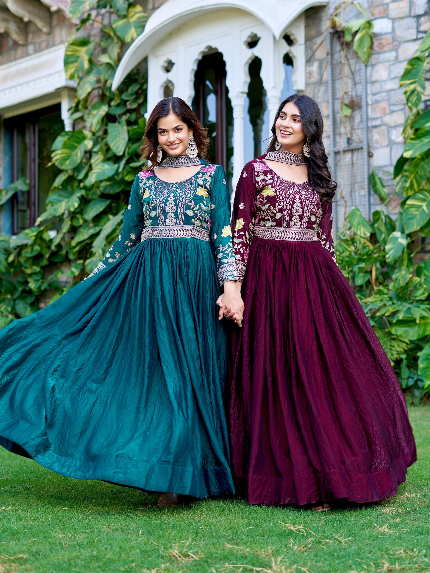 Elegant Festival Wear Fendy Silk Long Gown with Embroidered Dupatta