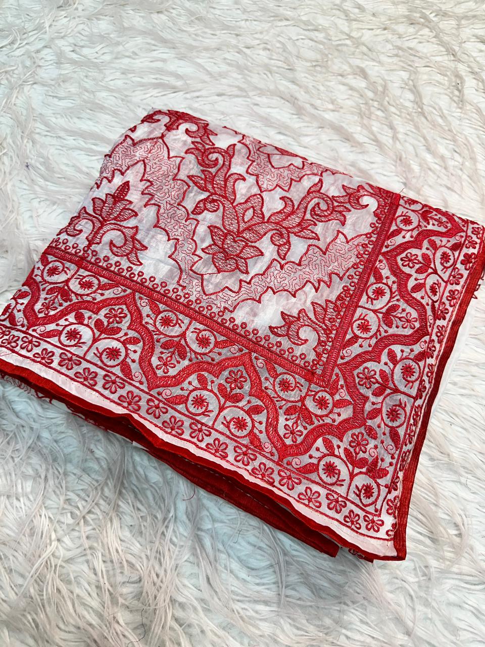 White Red Crush Silk Embroidery Saree
