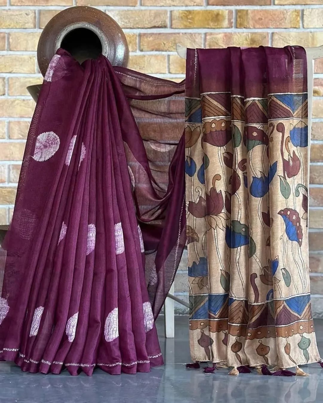 Linen Kalamkari Print Saree With Digital Print & Tassels