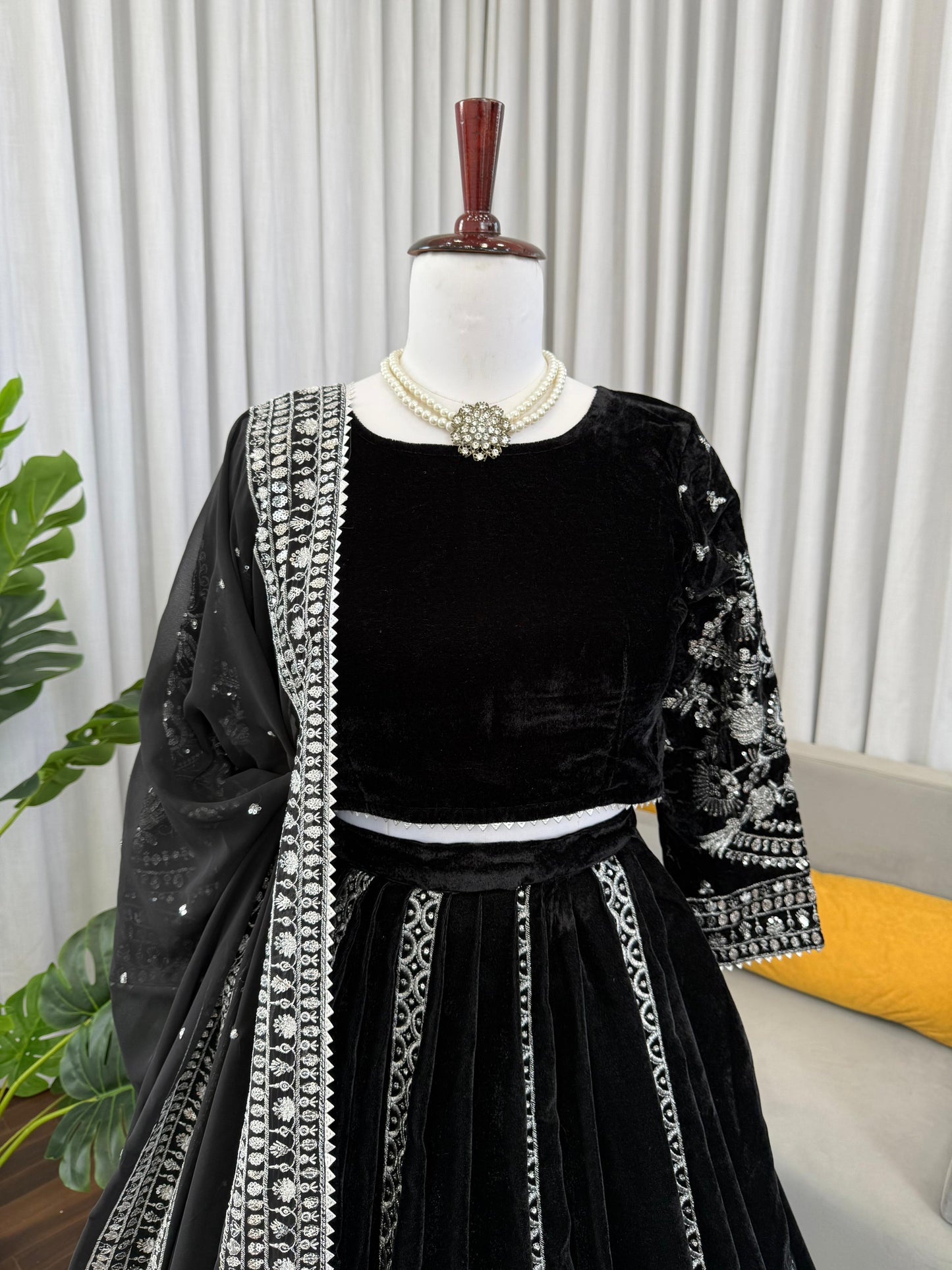 Elegant Black Velvet Lehenga Choli with Silver Thread & Sequence Work | Party Wear & Festive Collection