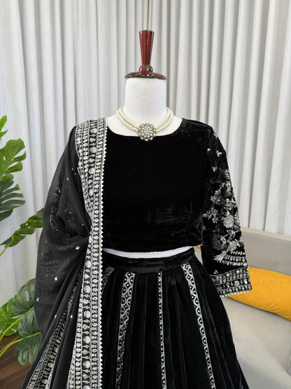 Elegant Black Velvet Lehenga Choli with Silver Thread & Sequence Work | Party Wear & Festive Collection