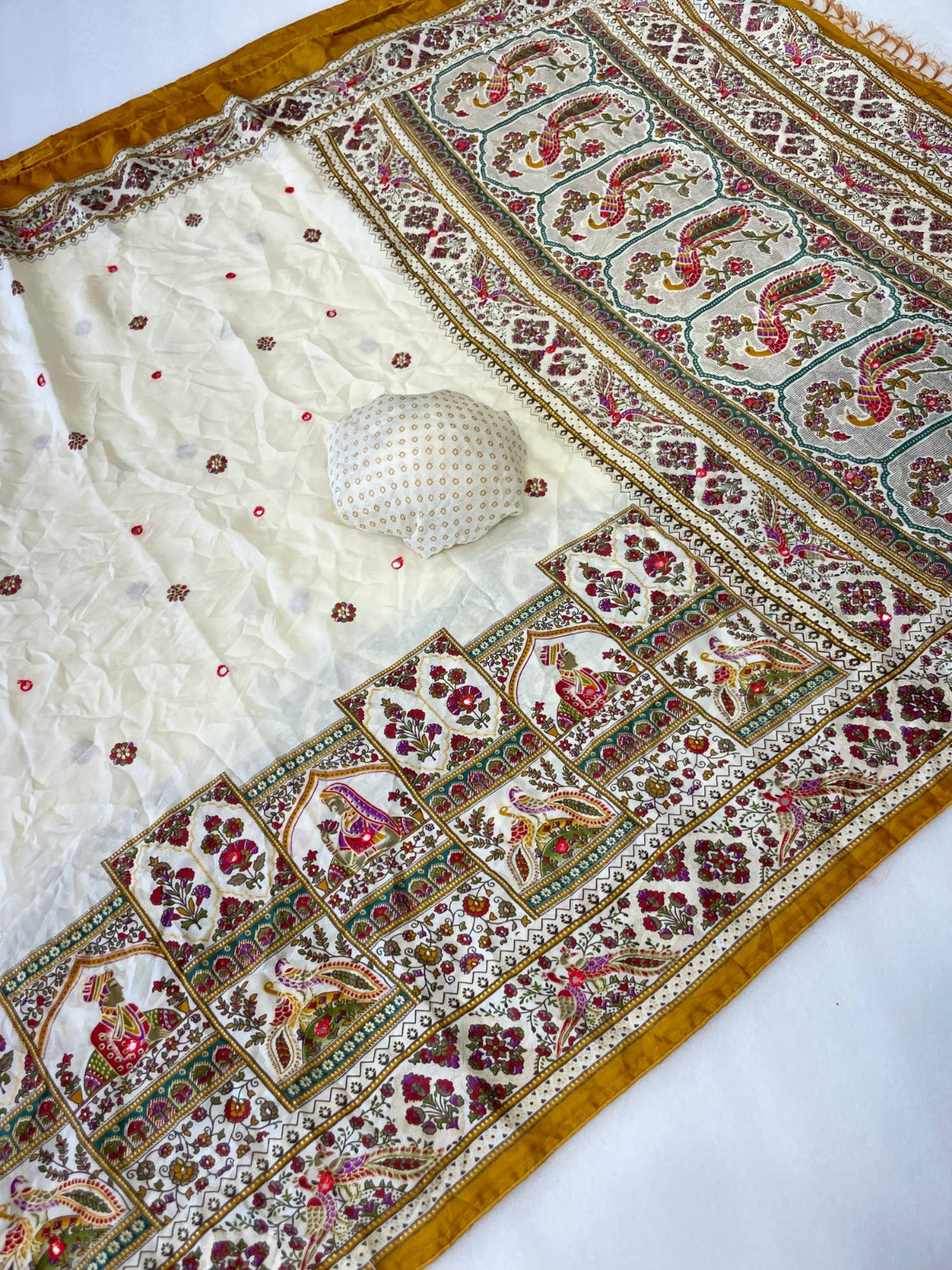 Premium Pure Moss Chiffon Saree with Peacock Floral Print & Mirror Work