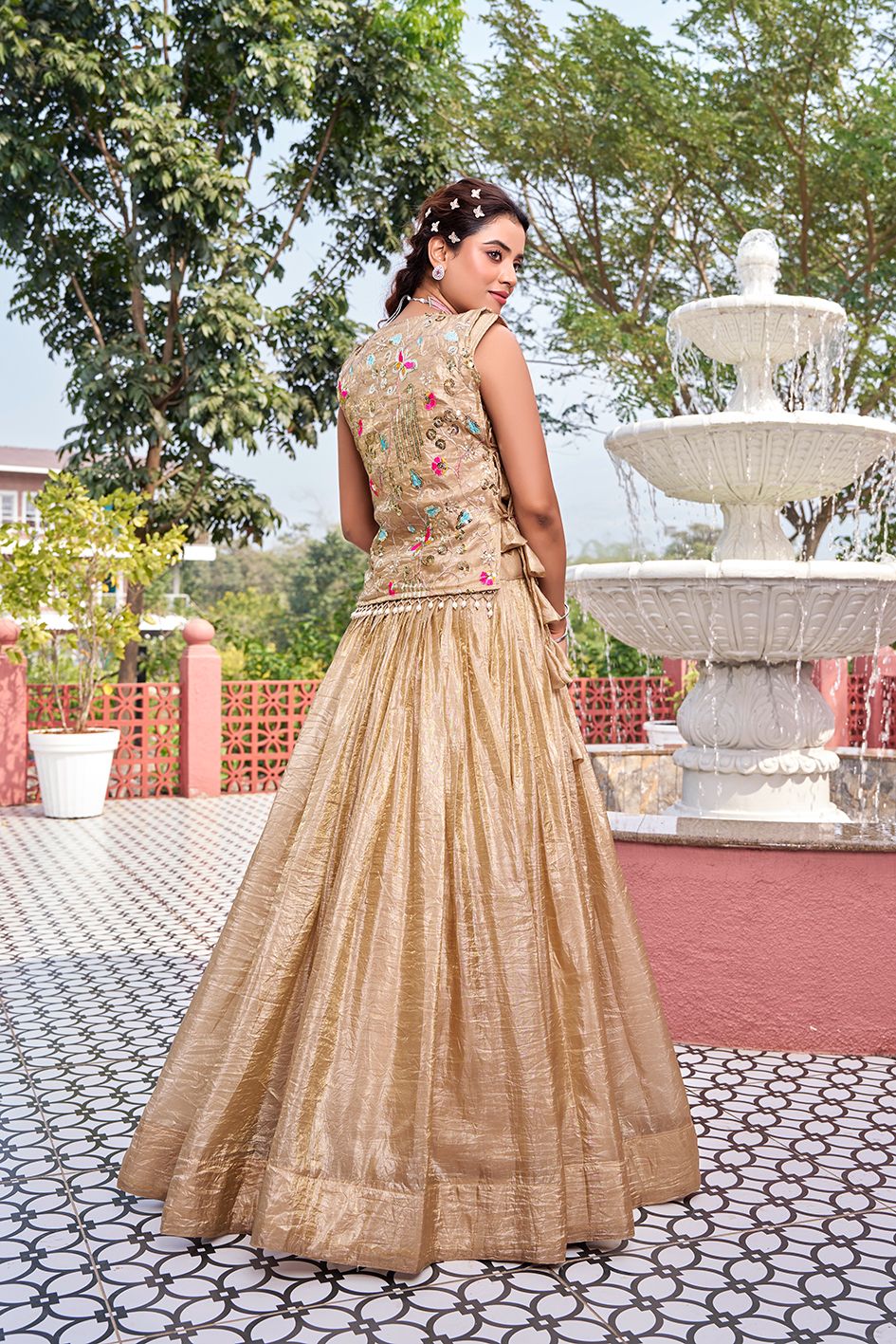 Pure Gold Crush Wedding Lehenga Choli with Embroidered Shrug | Heavy Sequence Work | Fully Stitched