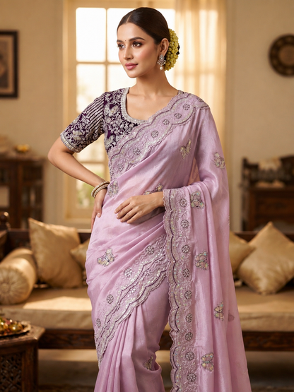 Sabyasachi Inspired Space Silk Saree with Butterfly Embroidery & Stitched Blouse