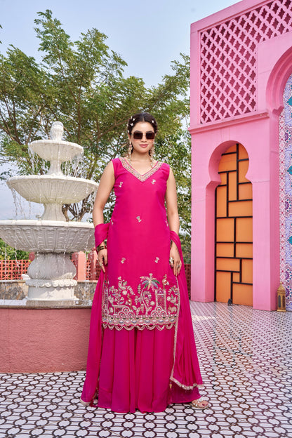 Haldi Special Designer Kurti Plazzo Dupatta Set with Moti & Embroidery Work