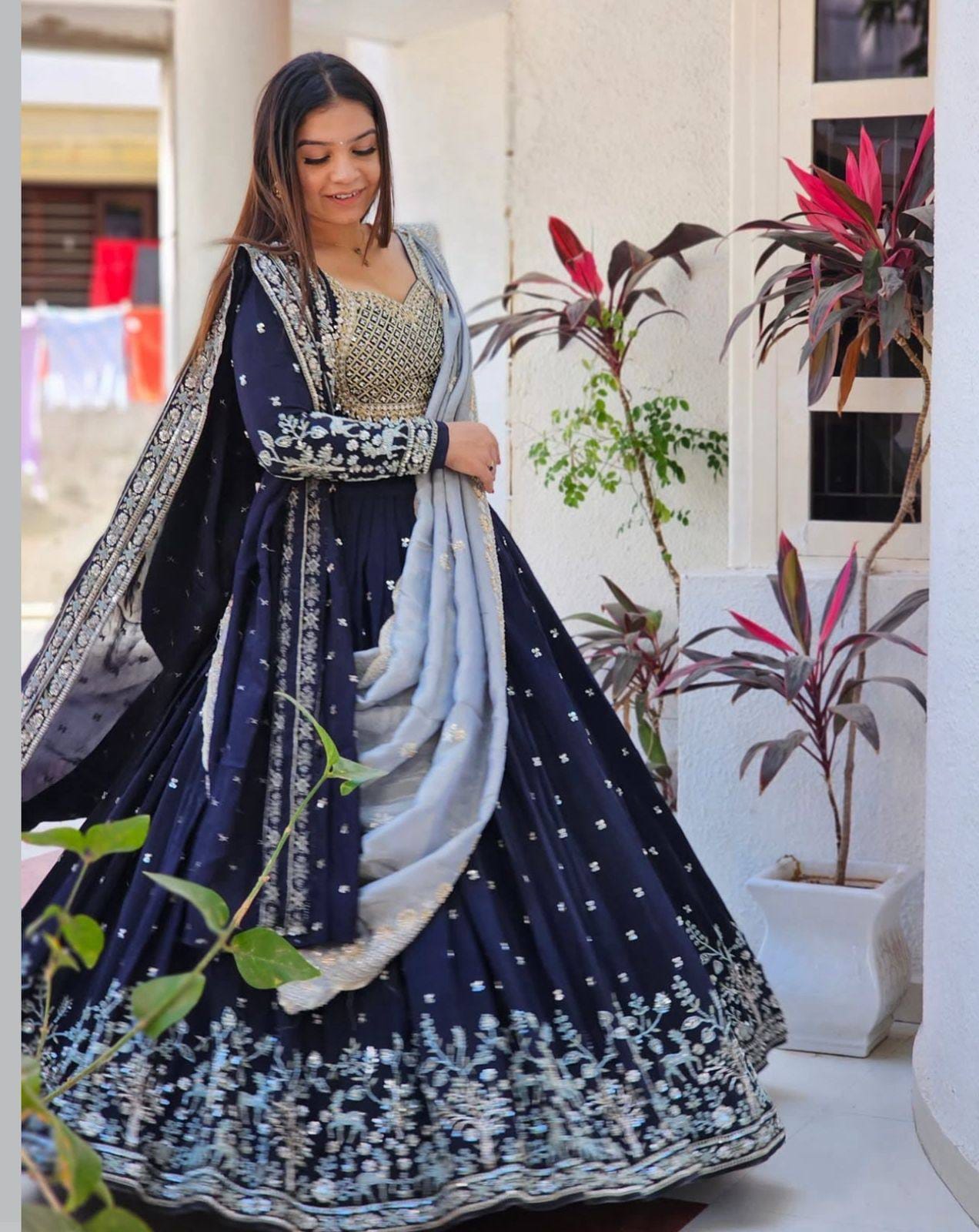 Navy Blue Embroidered Wedding Lehenga Choli with Dupatta