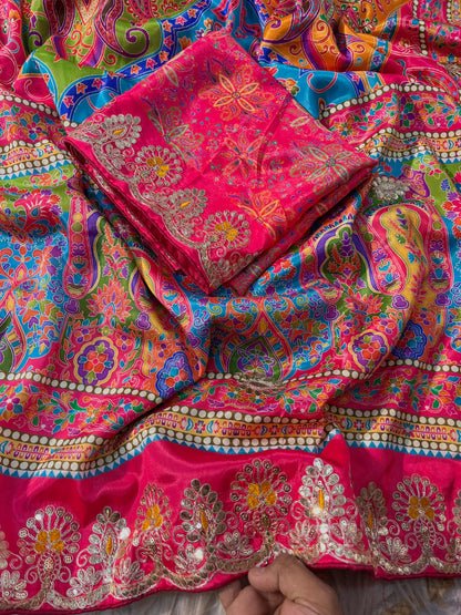 Latest Chinon Digital Print Kalamkari Inspired Saree with Gotapatti Work