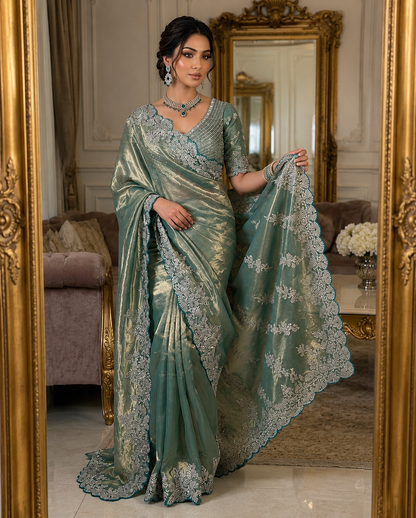 Soft Space Silk Satin Saree With Heavy Embroidery Sequence & Zari Work