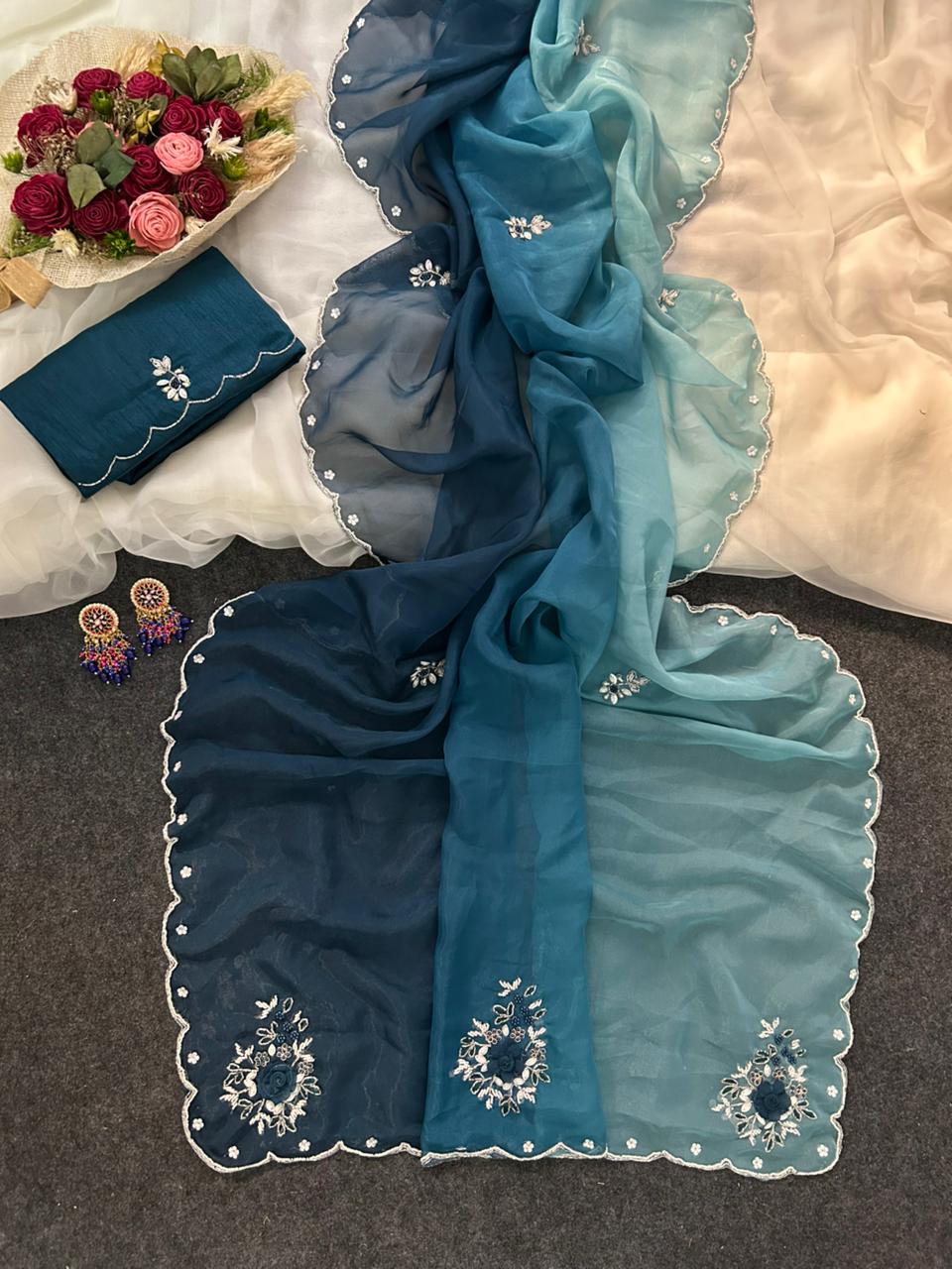 Vrinda Designer Organza Saree With Handwork Butties & Cutdana Border