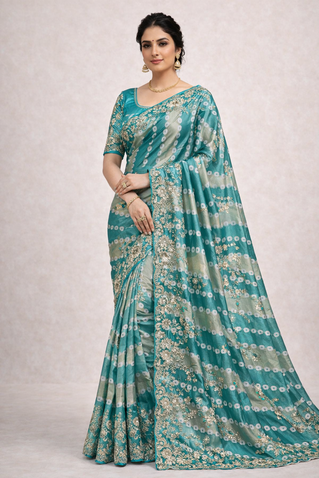 Designer Bandhej Print Silk Saree with Heavy Embroidered Floral Border