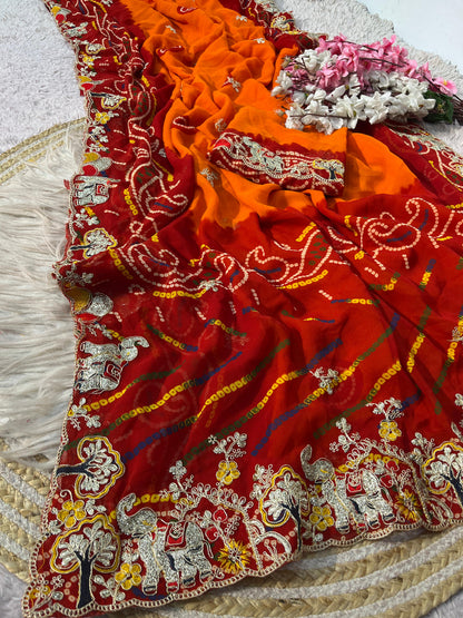 Premium Bandhani Peliya Saree with Heavy Multi Coding C-Pallu Work | Designer Party Wear Saree