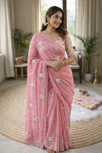 Heavy Star Georgette Saree with Mirror Work & Digital Print Designer Blouse