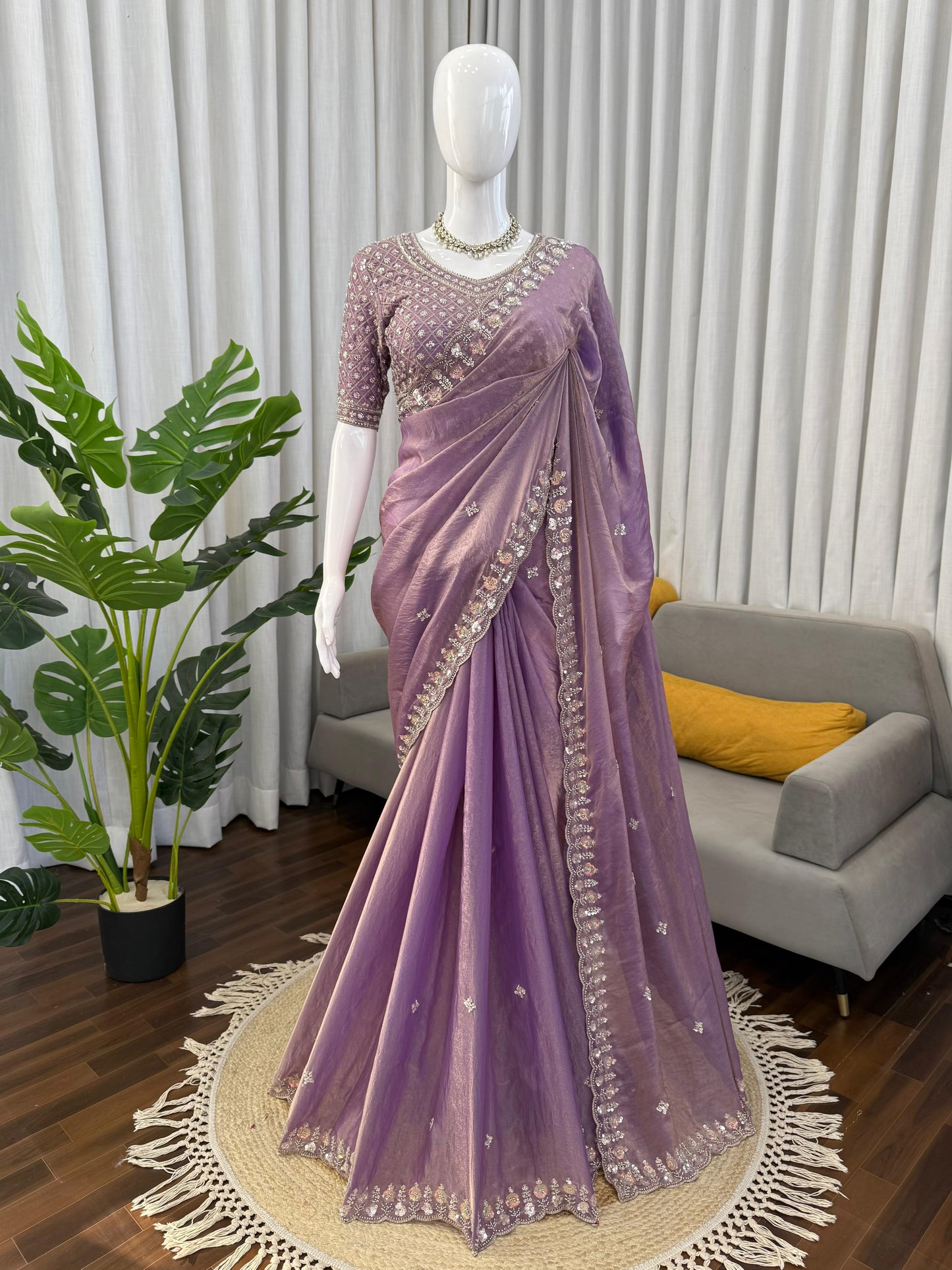 Women Lavender Fendy Silk Heavy Beads & Sequins Embroidered Designer Saree