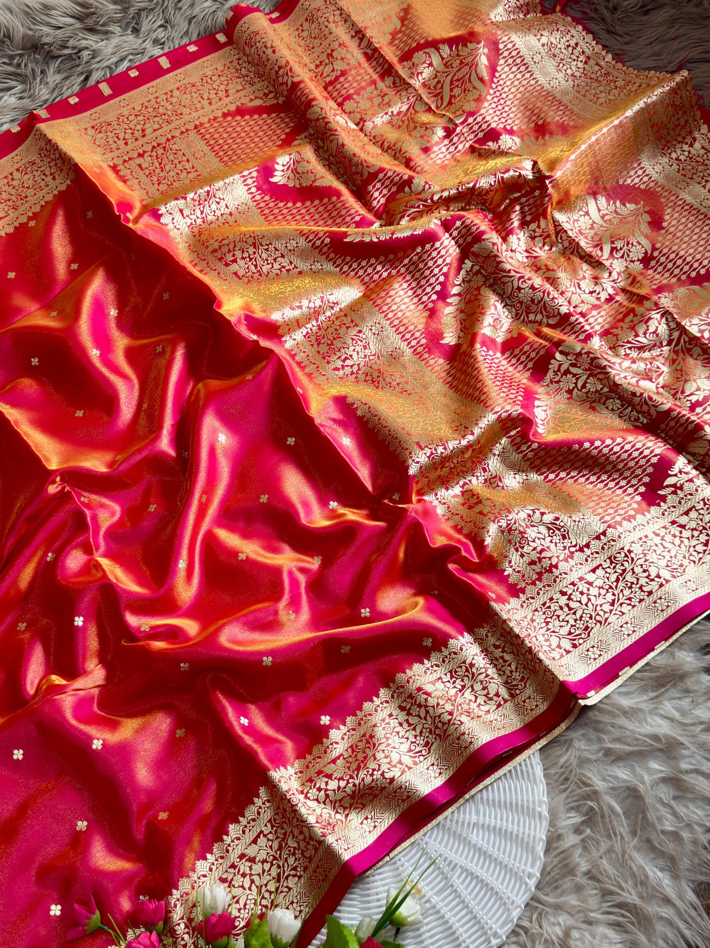 Royal Banarasi Glass Satin Silk Saree with Elegant Zari Woven Border