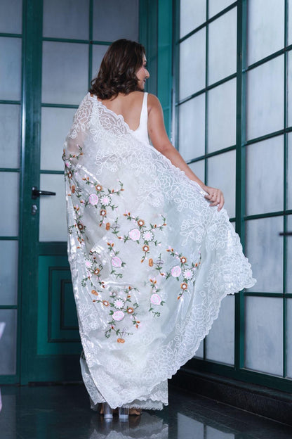 Premium Shinning Silk Jimmy Choo Saree with Heavy Embroidery Jaal & Floral Motifs