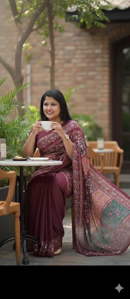 Yellow Mirror Chinon Saree with Digital Print & Mirror Work