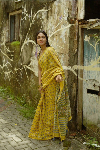 Pure Linen Chanderi Saree with Kalamkari Print & Zari Border