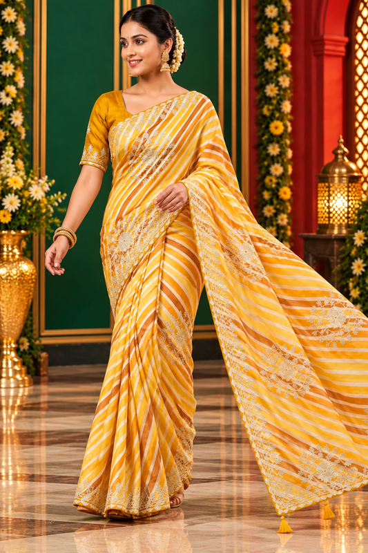Chinon Digital Lehriya Saree with Kacchi Gotapatti Work & Designer Border