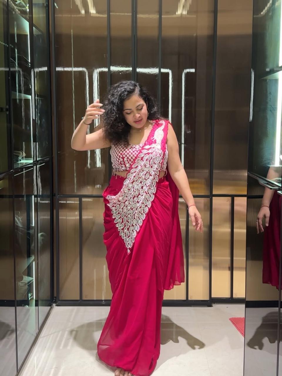Ready to Wear Embroidered Georgette Saree with Designer Blouse – Teal Green, Mustard Yellow, Rani Pink