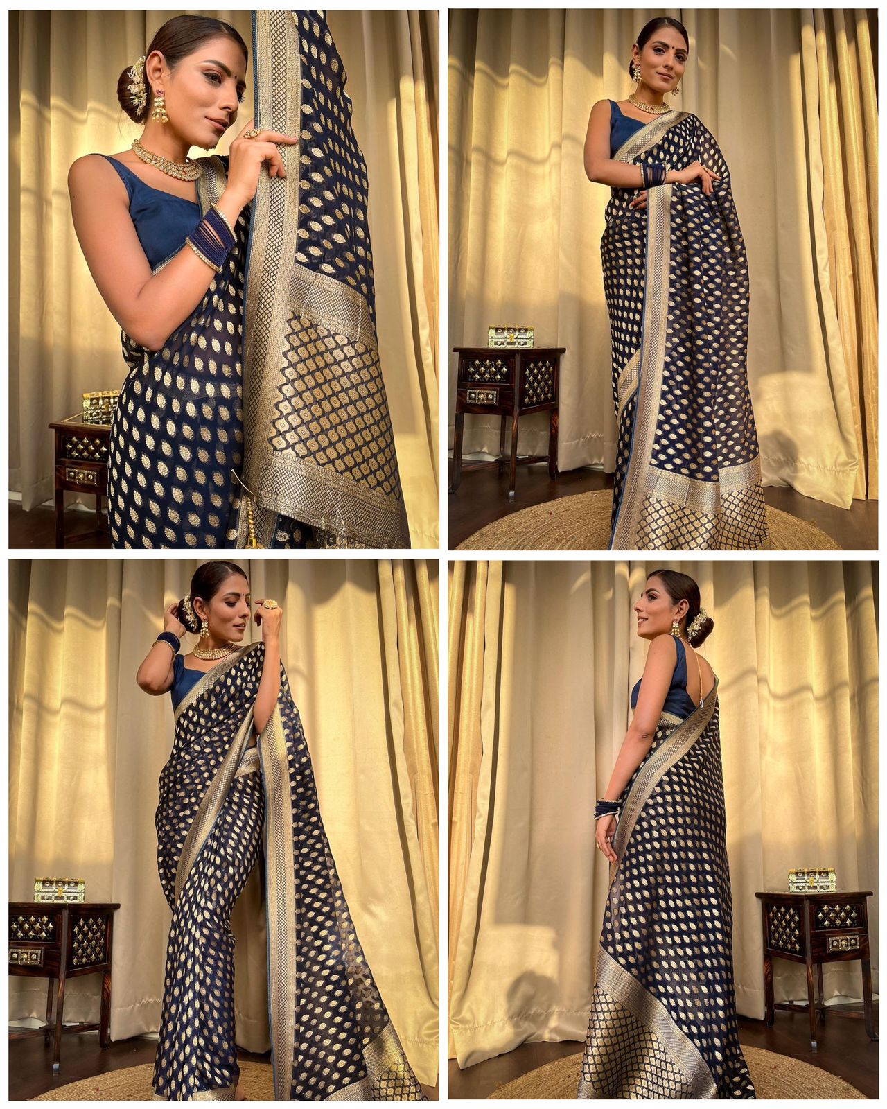 Navy Blue Gold Buti Saree