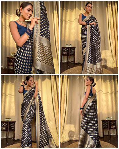 Navy Blue Gold Buti Saree