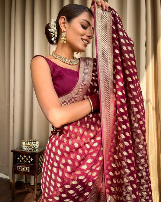 Maroon Gold Buti Saree