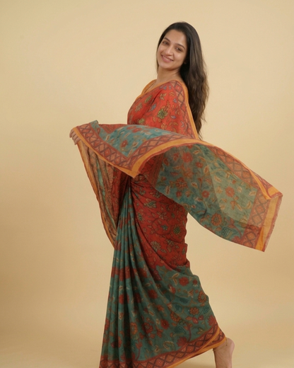 Designer Chinon Digital Print Mirror Work Saree Collection