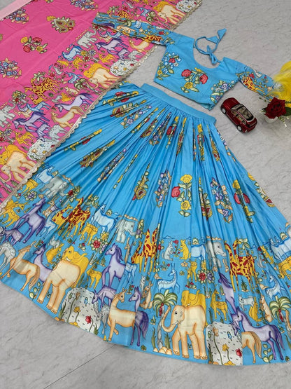 Kalamkari Print Cotton Lehenga Choli with Dupatta