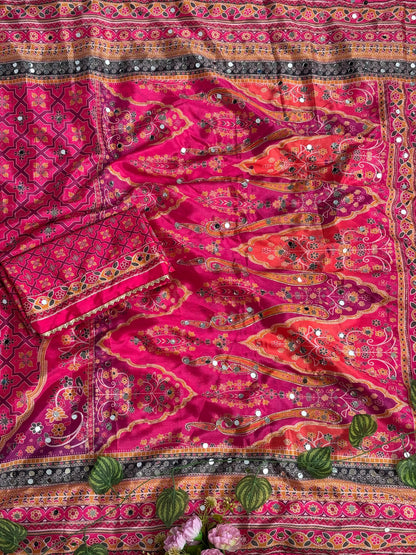 Karigari Soft Chinon Silk Digital Print Saree with Hand Aari Work & 2000+ Real Mirror Work