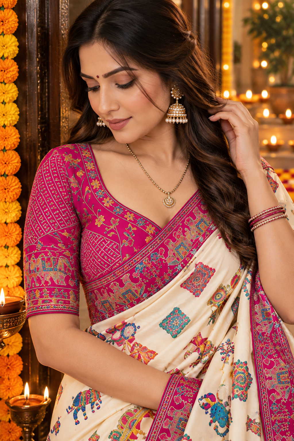 Printed Chinnon Silk Saree with Sequins Embroidery & Banglori Blouse