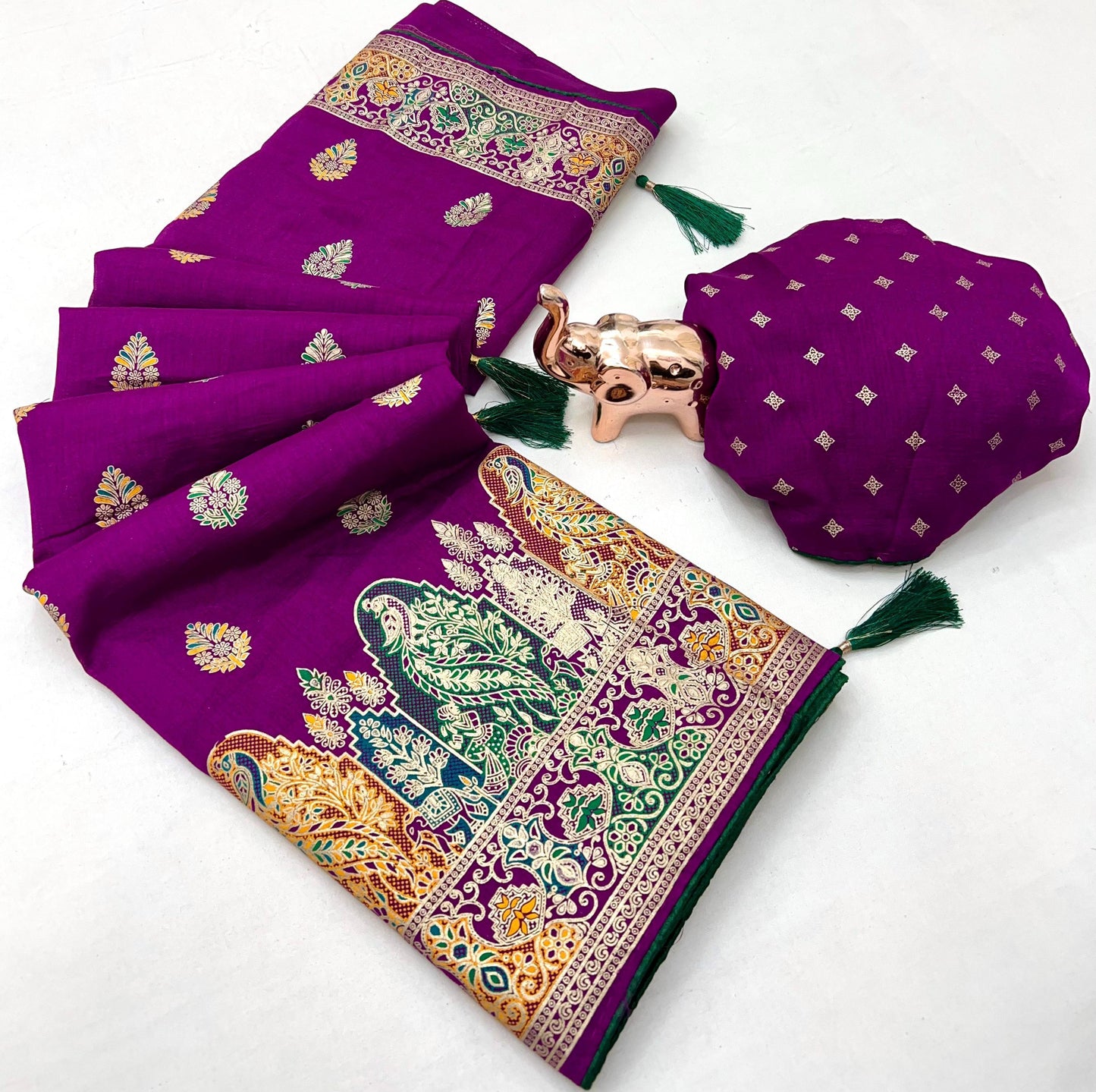 Pure Silk Meenakari Foil Print Designer Saree With Contrast Blouse