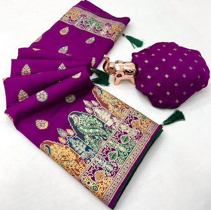Pure Silk Meenakari Foil Print Designer Saree With Contrast Blouse
