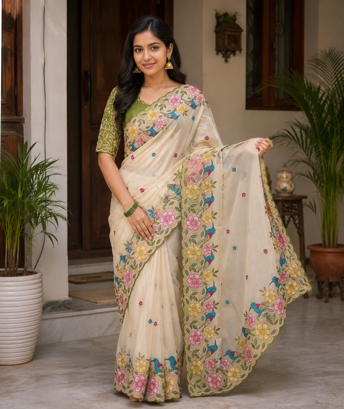Rangoli Silk Saree with Heavy Floral Work Border & Contrast Designer Blouse