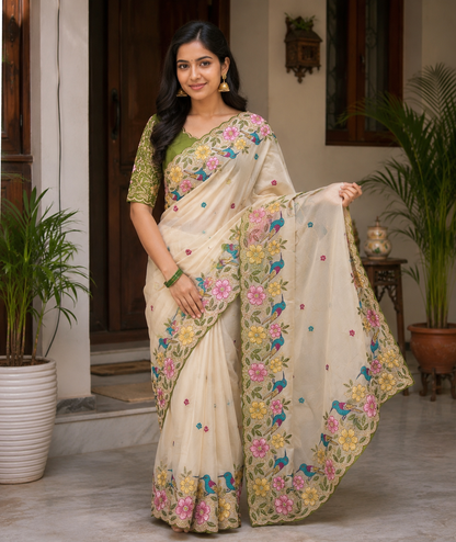 Rangoli Silk Saree with Heavy Floral Work Border & Contrast Designer Blouse