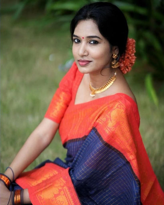 Navy Blue Cotton Saree with Red Traditional Border