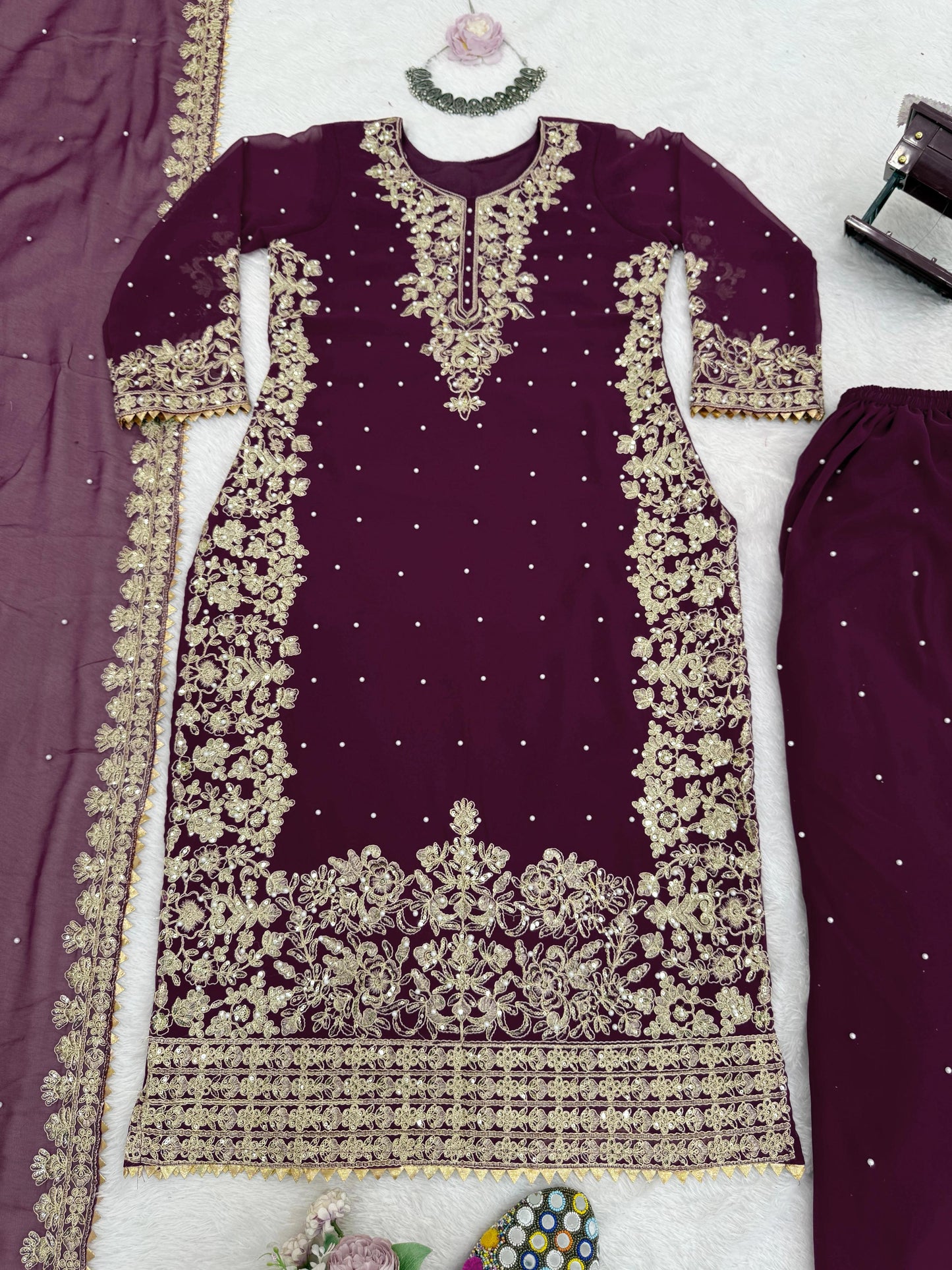 Premium Faux Georgette Embroidered Kurta Plazzo Set with Dupatta | Festive & Party Wear | 3 Colours